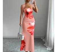 Abito a metà lunghezza da donna con stampa, vita regolabile con laccio, taglio slim, senza maniche, stile halter per l'estate 2025 L,M,S,XLPianteTessuto in maglia