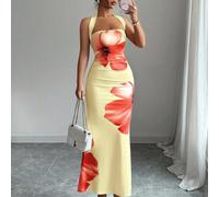 Abito a metà lunghezza da donna con stampa, vita regolabile con laccio, taglio slim, senza maniche, stile halter per l'estate 2025 L,M,S,XLPianteTessuto in maglia