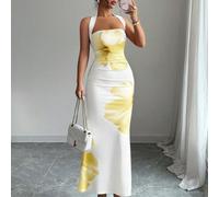 Abito a metà lunghezza da donna con stampa, vita regolabile con laccio, taglio slim, senza maniche, stile halter per l'estate 2025 L,M,S,XLColore unicoTessuto in maglia