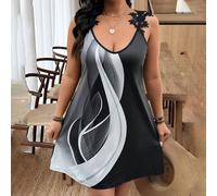 Abito a patchwork da donna casual in maglia elasticizzata a stampa geometrica bianca e nera con scollo a V e orlo senza maniche, taglie comode 0XL,1XL,2XL,3XL,4XLBlocchi di coloreTessuto in maglia
