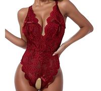 Abito a rete da donna, nero, lingerie in pizzo, senza lacci, biancheria intima da donna, Colore: rosso, S
