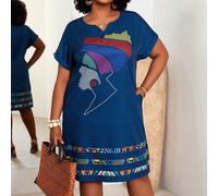 Abito a righe a maniche corte per donne taglia curvy, adatto per l'inizio della primavera 0XL,1XL,2XL,3XL,4XLAnimale,Ritratto,LettereTessuto intrecciato