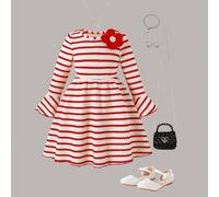 Abito a righe alla moda per ragazze, morbido e confortevole! La decorazione floreale raffinata aggiunge dolcezza, il design a maniche a sbuffo attira l'attenzione, un must-have per le uscite delle gio