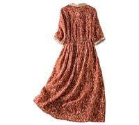 Abito a righe estivo boho lungo, abito da spiaggia hippie, lunghezza al ginocchio, abito estivo con scollo a V, per il tempo libero, sciolto e leggero, a maniche lunghe, con stampa floreale, O rosso