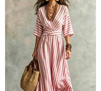 Abito a righe verticali per donne taglia comoda, abito da spiaggia in cotone e lino blu per vacanze estive, abiti estivi da donna, outfit estivi da donna, abiti casual da donna, abiti da donna per vac