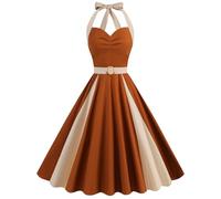 Abito a scacchi abito swing alla moda di media lunghezza con allacciatura tinta unita abito da donna, marrone, XXL