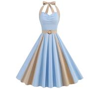 Abito a scacchi abito swing alla moda di media lunghezza con allacciatura tinta unita abito da donna, Azzurro, XXL