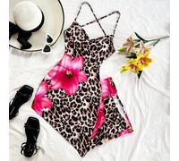 Abito a scollo a V con stampa leopardata, schiena aperta e lacci, adatto per festa, appuntamento, San Valentino, tè pomeridiano, vacanza al mare, Pasqua, carnevale, per vacanze al mare, festival music