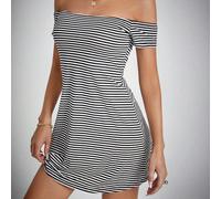 Abito a spalle scoperte con stampa a righe, abito da tea festa, abiti estivi da donna Tall XS,Tall S,Tall M,Tall L,Tall XLA strisceTessuto
