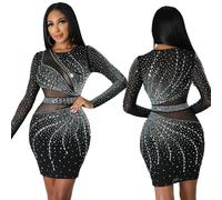 Abito a Trapezio alla Moda con Scollo Tondo e Maniche Lunghe, con Copertura di Diamanti, Stile Trasparente Sexy-Nero-M