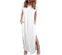 Abito a tunica a maniche lunghe da donna con scollo a V, tinta unita, alla moda, casual, con tasche, abito lungo con spacco, comodo, estivo, da donna, bianco, XXXXL