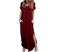 Abito a tunica a maniche lunghe da donna con scollo a V, tinta unita, alla moda, casual, con tasche, abito lungo con spacco, comodo, estivo, da donna, Rosso, L