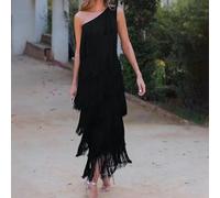 Abito a vita alta da donna con colletto diagonale e nappe multistrato, adatto per feste alla moda e uso quotidiano (XL nero)