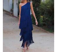 Abito a vita alta da donna con colletto diagonale e nappe multistrato, adatto per feste alla moda e uso quotidiano (XL blu)