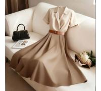 Abito a vita stretta con scollo a V e maniche corte, color albicocca e cachi, elegante e alla moda, adatto per San Valentino, Pasqua, Primo Maggio, compleanni, appuntamenti, feste, occasioni formali, 