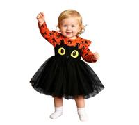 Abito a zucca viola per bambini, in cotone, autunno, inverno, a maniche lunghe, tutù, con scollo rotondo e volant, maniche ad aletta, simpatico gatto nero, gonna in tulle, per Halloween, carnevale e