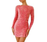 Abito aderente con paillettes da donna, abito corto con paillettes da donna, mini abiti senza schienale con paillettes gonna pullover corta a maniche lunghe girocollo sexy glitter fessura abiti tunica