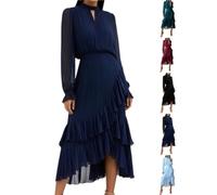 Abito aderente da donna a strati, con orlo a volant, in rete, con maniche lunghe a sbuffo, per ospiti di matrimonio, abito a pieghe a tinta unita, blu navy, S