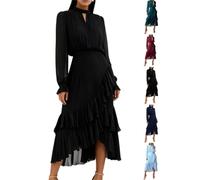 Abito aderente da donna a strati, con orlo a volant, in rete, con maniche lunghe a sbuffo, per ospiti di matrimonio, abito a pieghe a tinta unita, Nero , M