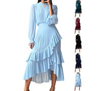 Abito aderente da donna a strati, con orlo a volant, in rete, con maniche lunghe a sbuffo, per ospiti di matrimonio, abito a pieghe a tinta unita, Azzurro, XXL