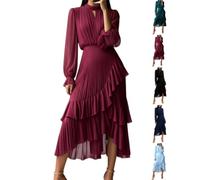 Abito aderente da donna a strati, con orlo a volant, in rete, con maniche lunghe a sbuffo, per ospiti di matrimonio, abito a pieghe a tinta unita, Rosso vinaccia, XL