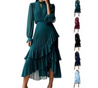 Abito aderente da donna a strati, con orlo a volant, in rete, con maniche lunghe a sbuffo, per ospiti di matrimonio, abito a pieghe a tinta unita, Verde scuro, XL