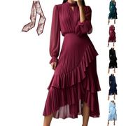 Abito aderente da donna a strati con orlo a volant, tinta unita, elegante, plissettato, in rete, maniche a sbuffo, abito da festa per matrimoni, ospiti, Rosso vinaccia, S