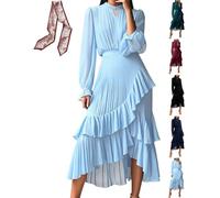 Abito aderente da donna a strati con orlo a volant, tinta unita, elegante, plissettato, in rete, maniche a sbuffo, abito da festa per matrimoni, ospiti, Azzurro, S