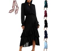 Abito aderente da donna a strati con orlo a volant, tinta unita, elegante, plissettato, in rete, maniche a sbuffo, abito da festa per matrimoni, ospiti, Nero , M