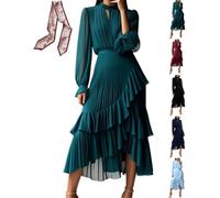 Abito aderente da donna a strati con orlo a volant, tinta unita, elegante, plissettato, in rete, maniche a sbuffo, abito da festa per matrimoni, ospiti, Verde scuro, S