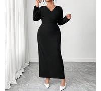 Abito aderente da donna con scollo a V, maniche lunghe e vita arricciata, taglia comoda, per l'inizio della primavera 0XL,1XL,2XL,3XL,4XLColore unicoTessuto
