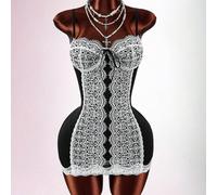 Abito aderente da donna in stile boho vintage romantico, con design in pizzo bianco e nero a patchwork, taglio basso L,M,S,XS,XXSGeometrico,Grafico,PianteTessuto in maglia