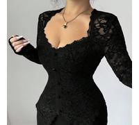 Abito aderente da donna taglie forti con scollo a buco della serratura, pizzo a contrasto e bottoni in vita 0XL,1XL,2XL,3XLStampa CasualeTessuto in maglia