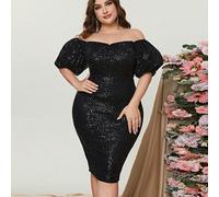 Abito aderente e corto con spalle scoperte, maniche a palloncino e paillettes, elegante abito da cocktail semi-formale per feste, lauree, cene, feste di fine anno 1XL,2XL,3XL,4XL,5XLColore unicoPaille