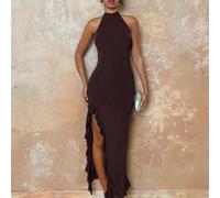 Abito aderente monocolore con spacco alto e volant sul fondo, schiena scoperta, elegante per feste di Capodanno, uscite casual, feste da ballo, appuntamenti romantici, vestito lungo da donna L,M,S,XLC