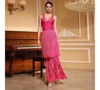 Abito aderente rosso rosa stile francese sexy con bretelle, scollo a V profondo, senza maniche, elegante per gala, matrimonio, occasioni di lavoro, con riflessi di nappe fatti a mano L,M,S,XLColore un