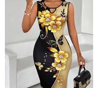 Abito aderente senza maniche da donna con stampa vibrante di farfalle e fiori in oro, abito estivo casual nero e oro, adatto per compleanni ed eventi, ufficio, chiesa, matrimoni, vacanze. Abiti casual