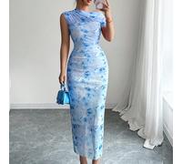 Abito aderente smanicato elegante e slim con decorazione asimmetrica alla spalla, a vita aderente, in stampa Tintura a nodi rosa pesca, stile francese, per l'estate 2025 L,M,S,XLPiante,stampa dappertu