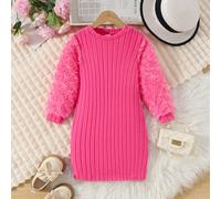 Abito affascinante per ragazze, autunno/inverno, a righe rosa fuxia con maniche in pelliccia e fiori, stile dolce e casual, adatto per il tempo libero all'aperto, regalo 6Y,7Y,4Y,5YColore unicoPoliest
