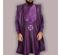 Abito agbada in tre pezzi di colore viola per uomo, composto da una lunga veste con blocchi di colore e ricami, una camicia dashiki e pantaloni con vita elastica. Abbigliamento tradizionale africano a