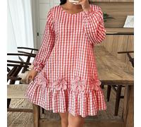 Abito ampio da donna stile campagna, con stampa a quadri, maniche a lanterna, decorazioni floreali e volant sul fondo, adatto per la primavera/autunno e le vacanze, taglia comoda 0XL,1XL,2XL,3XL,4XLTe