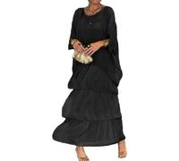 Abito ampio in stile artistico, da donna, casual, linea ad A, maniche a 3/4, scollo rotondo, abito lungo con maniche a pipistrello, Nero , L