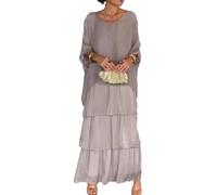 Abito ampio in stile artistico, da donna, casual, linea ad A, maniche a 3/4, scollo rotondo, abito lungo con maniche a pipistrello, grigio, XXL