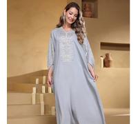 Abito arabo elegante asimmetrico ricamato JALABIA, maniche a pipistrello 3/4, scollo a V, stile grazioso e lussuoso da signora, tradizionale per il nuovo Ramadan 2026 L,M,XL,XXLGrafico,PianteTessuto i