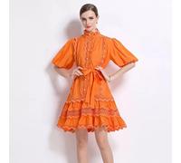 Abito Arancio Con Ricami In Pizzo E Gonna A Balze Stile Bon Ton CF48038
