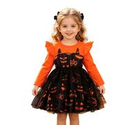Abito arancione a zucca per bambini, in cotone, autunno/inverno, a maniche lunghe, tutù, con scollo rotondo e volant, maniche ad aletta, simpatico gatto nero, gonna in tulle, per Halloween, carnevale