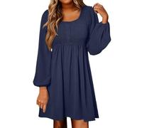 Abito Arricciato da Donna, Girocollo, Maniche Lunghe, abbottonatura Frontale, Mini Abito a Vita Impero, Casual Autunnale, Blu Navy, Taglia XXL