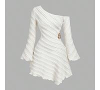 Abito asimmetrico con spalle scoperte e maniche a campana, in tessuto a righe strutturato, orlo asimmetrico, abito corto, adatto per appuntamenti, uscite e vacanze per donne curvy nella stagione prima