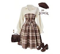 Abito autunnale con maniche a palloncino, polsini a sbuffo e vita stretta, in stile patchwork a quadri, adatto per ragazze adolescenti, per il ritorno a scuola, per uscite, la scuola, la strada e il c