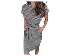 Abito avvolgente in cotone, da donna, estivo, a maniche corte, girocollo, boho, abito da spiaggia sopra il ginocchio, abito corto estivo con tasche, elegante maglietta per il tempo libero, Nero , M